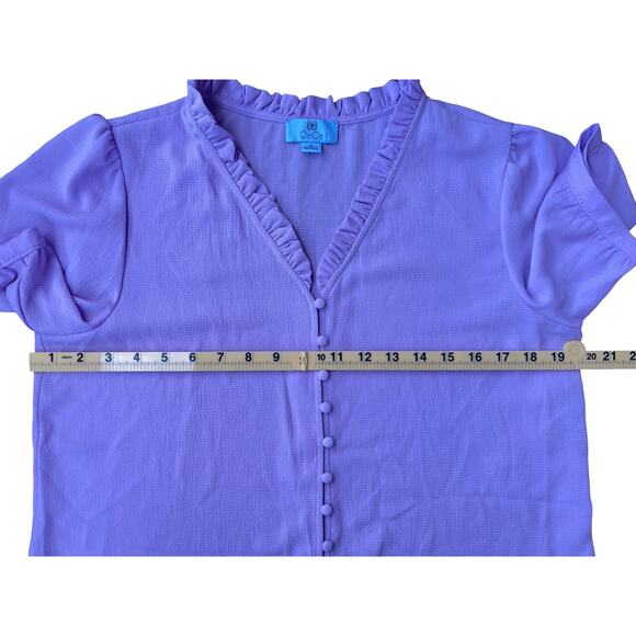 CeCe Ruffle V Neck Button Front Blouse Short Sleeve Purple Top - Medium - Picture 6 of 11